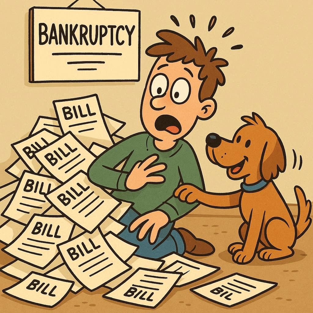 A cartoon image depicting a man worrying about bankruptcy because he is surrounded by a lot of bills.