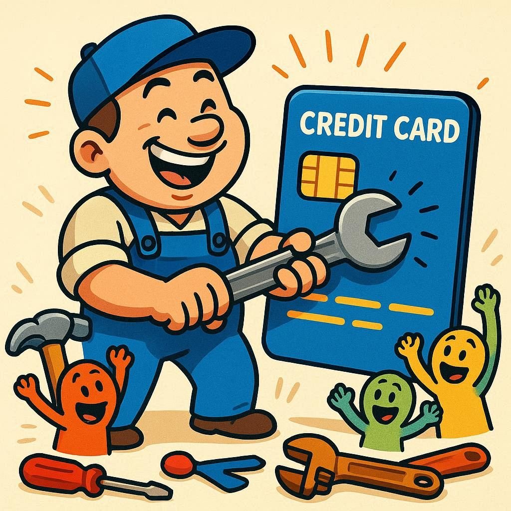 A cartoon image depicting a man repairing credit with a wrench.