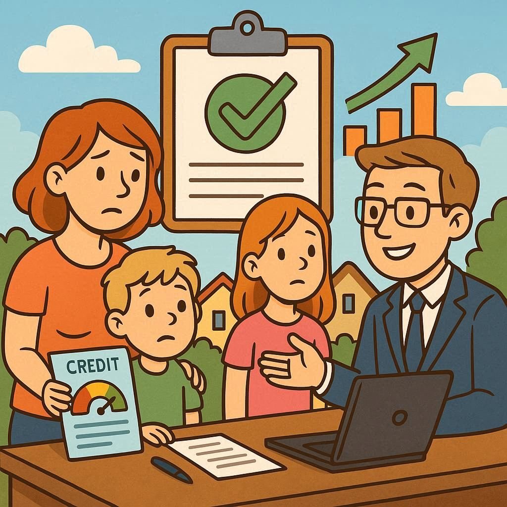 A cartoon depiction of a busnessman helping a low credit family repair their credit.