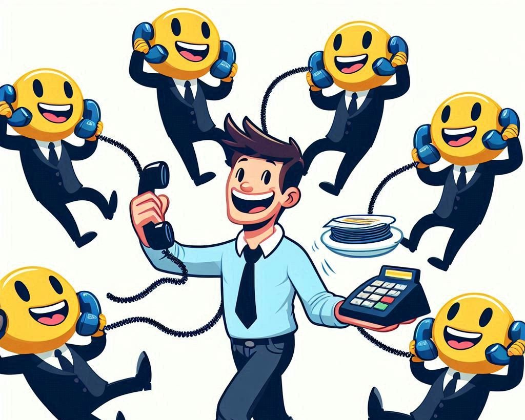 A cartoon image depicting a man on the phone with multiple debt collectors
