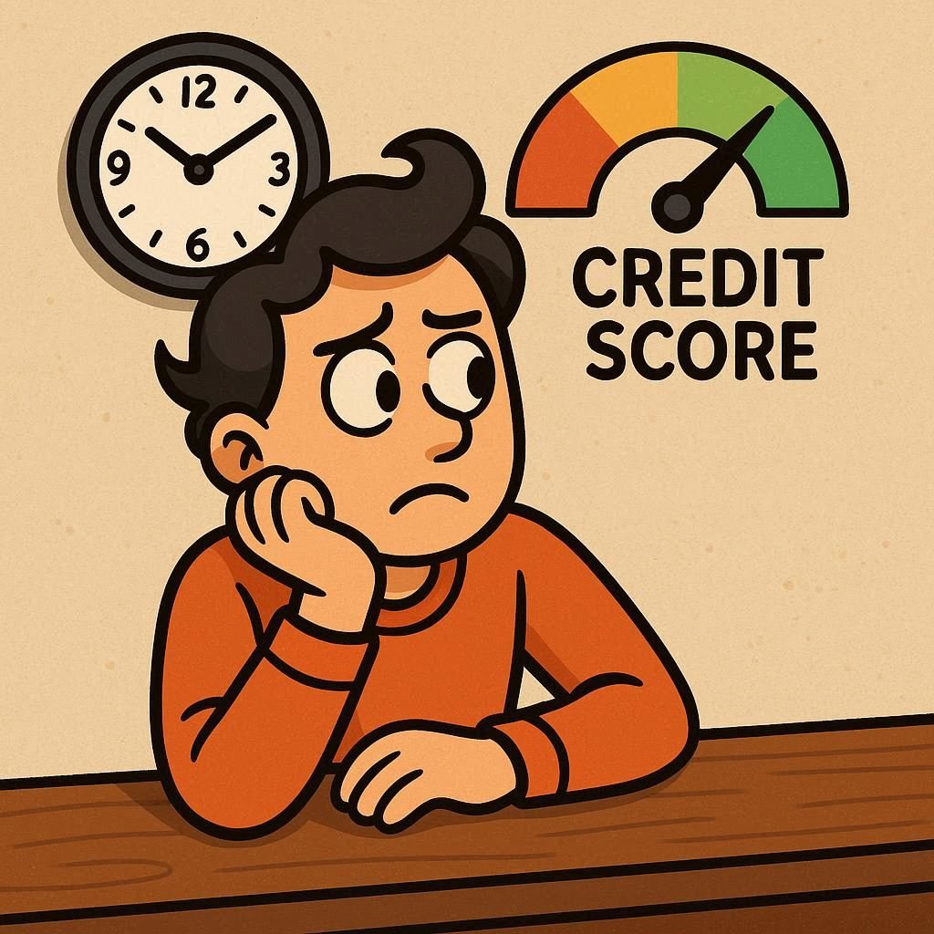 A cartoon image with clock in the background of a person waiting on credit score to go up.