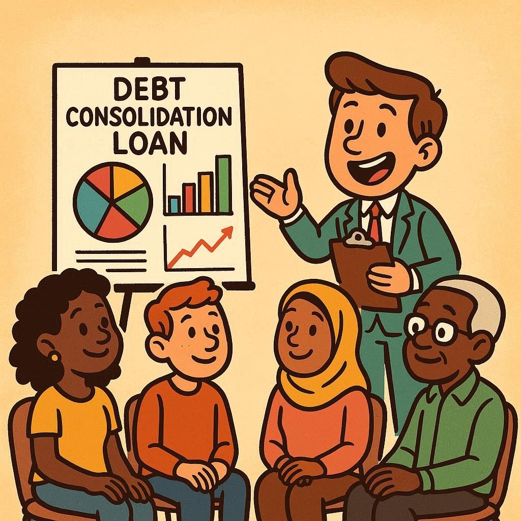 A cartoon image depicting a person teaching other people about consolidation loans.