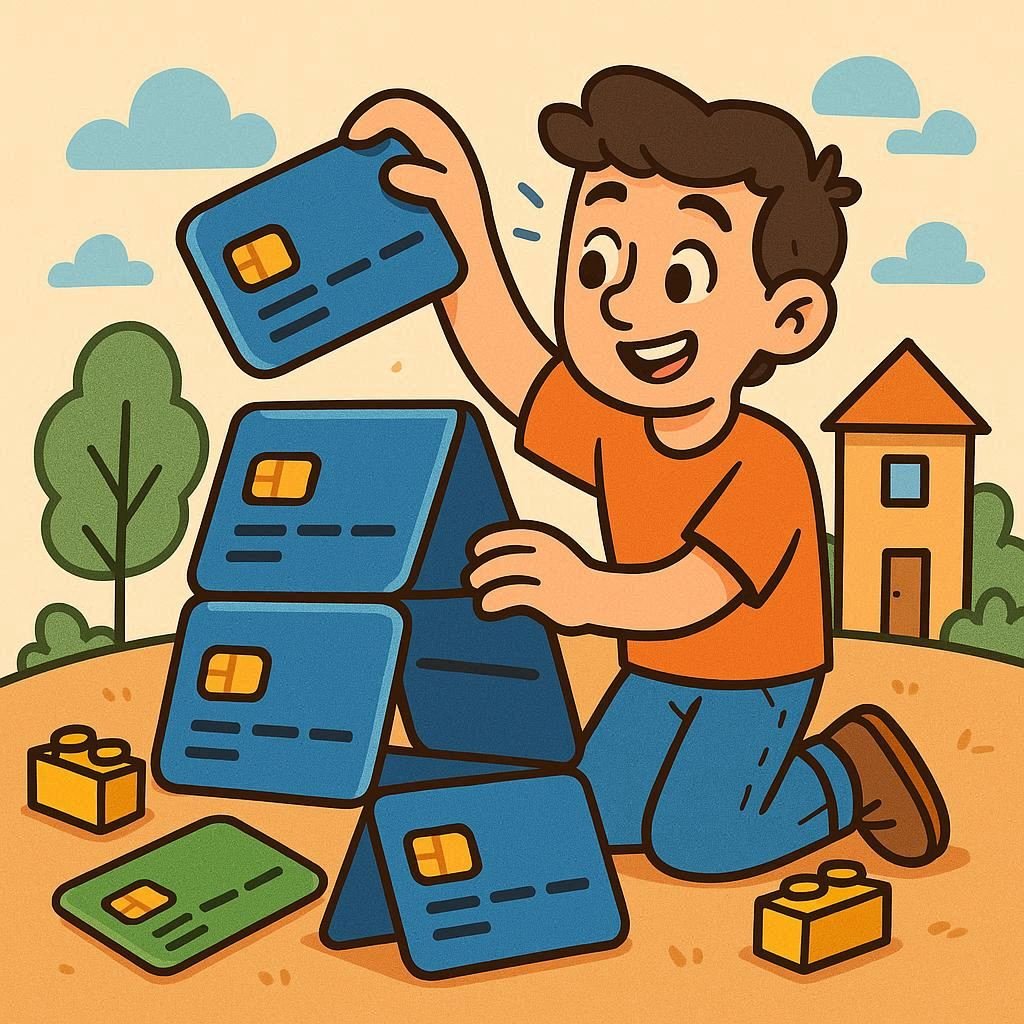 A cartoon image showing a person stacking credit cards depicting them building credit for the first time.