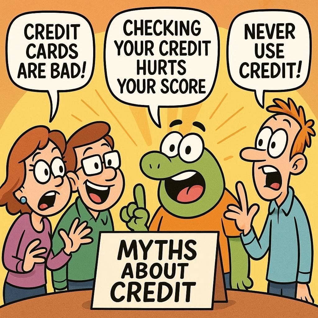 a cartoon image depicting a group discussion about credit myths