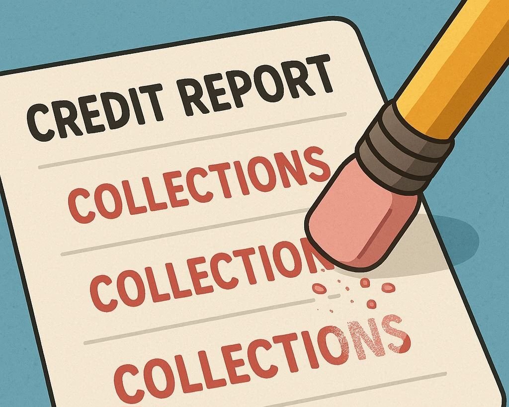 A cartoon image showing the words "COLLECTIONS" being erased off the paper
