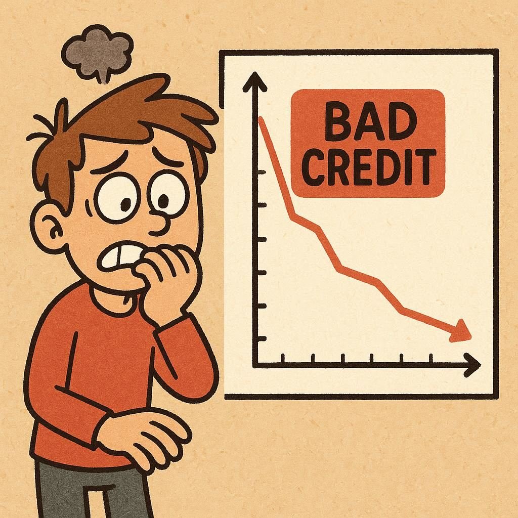 A cartoon image depicting a person wondering and worrying about how long the bad credit marks will stay