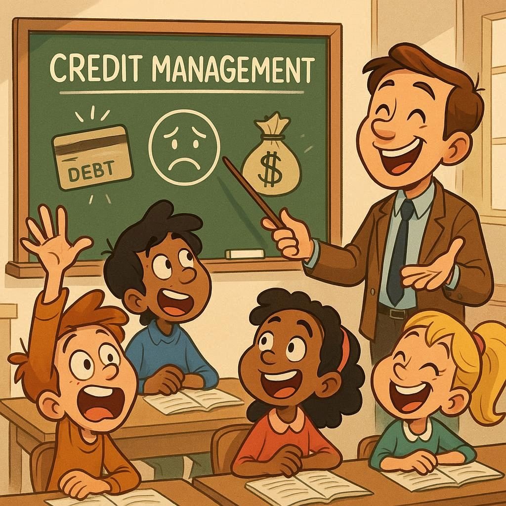 A cartoon image of teacher teaching about managing your credit wisely