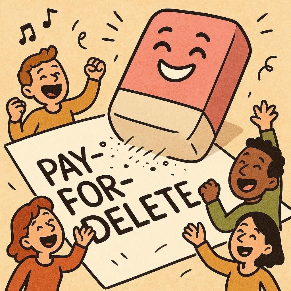 A cartoon image with an eraser erasing stuff on paper, depicting a pay for delete agreement.