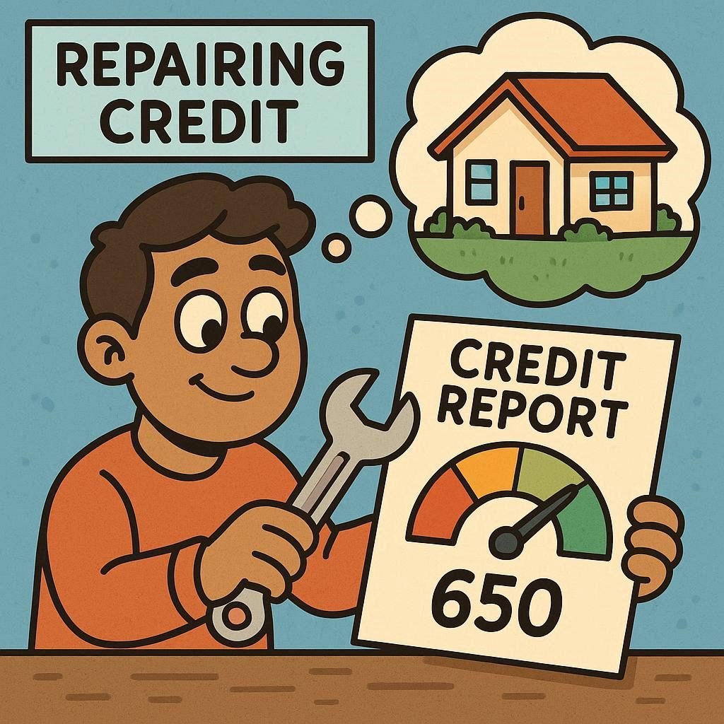 A cartoon depicting repairing credit before buying a house.