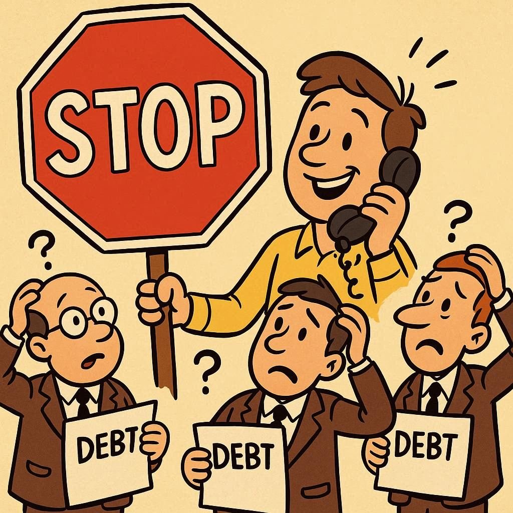 A cartoon image depicting a man holding a stop sign to stop debt collectors from calling.