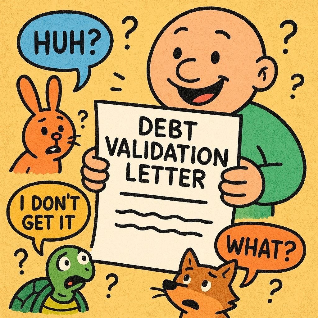 Cartoon character holding sign that reads "DEBT VALIDATION LETTER"