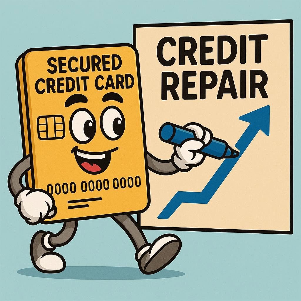 A cartoon image of a secured credit card helping a credit score go up.